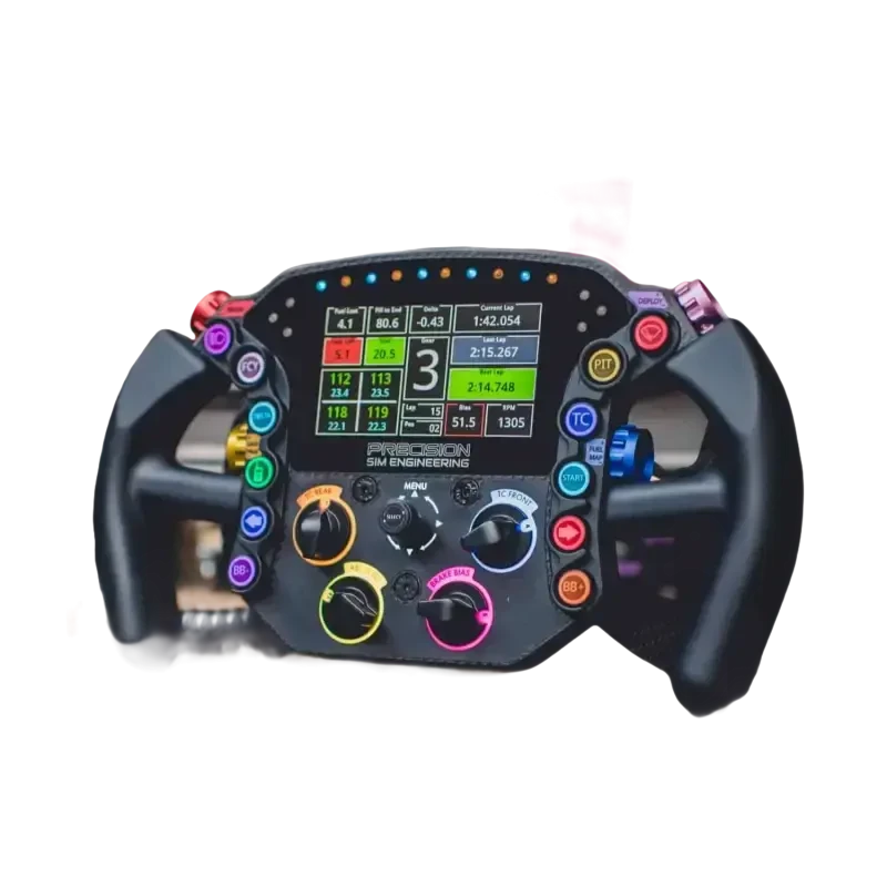 Precision Sim Engineering LM-X carbon fiber endurance steering wheel with 5 inch LCD display and 12 buttons used by Max Verstappen